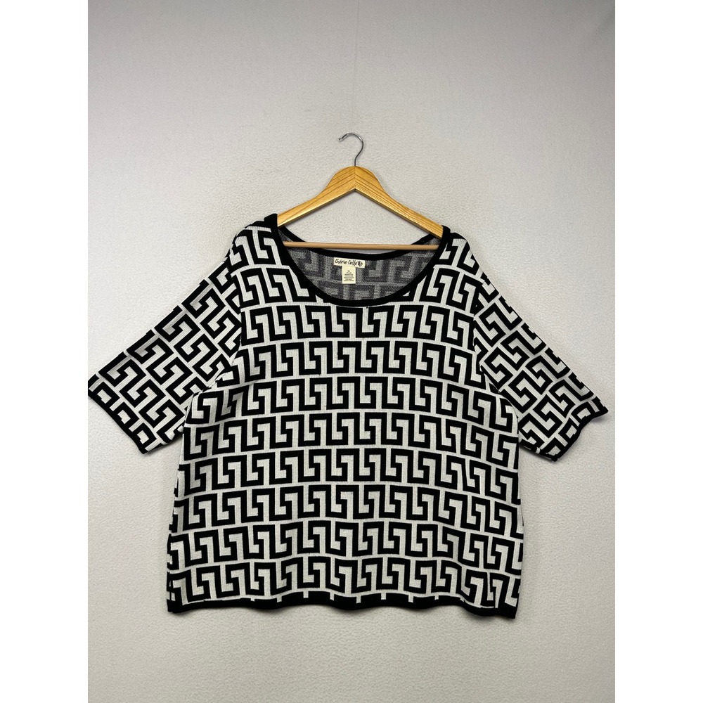 Modernist Greek Key Cherie Collette Womens 3XL Black White Knit Short Sleeve Top